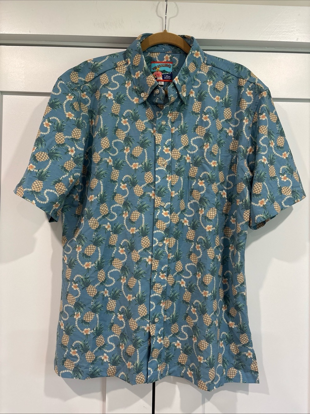 Reyn Spooner Joe Kealoha Shirt Mens Large Blue Hawaiian Pineapple Fruit Aloha